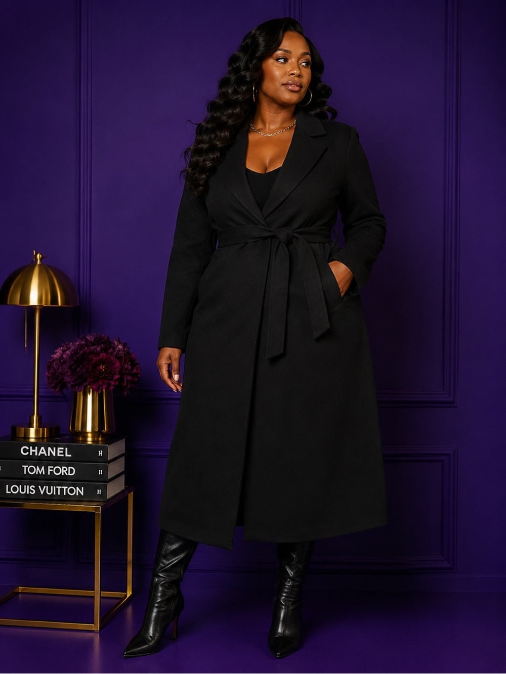 Stylish Black Wool trench Coat - Classic Tie Waist